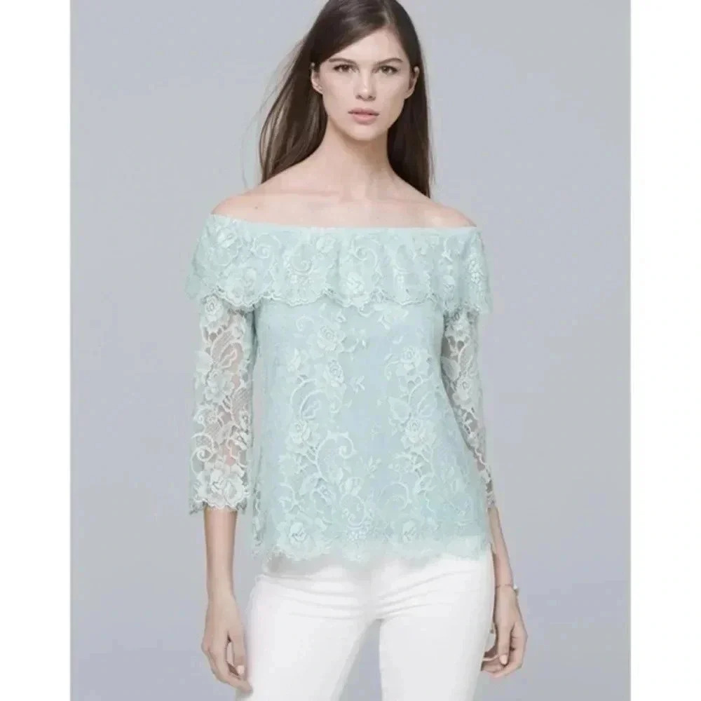 White House Black Market Feminine Mint Lace Off The Shoulders Blouse Size XS